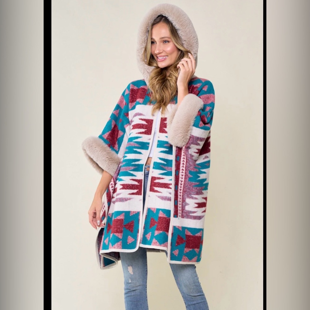On Blue Cozy Aztec Hooded Poncho